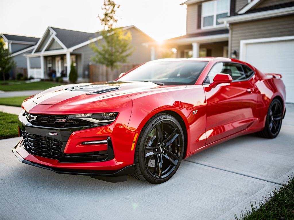 Red Chevrolet Camaro SS freshly detailed glossy paint