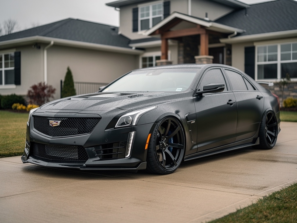Matte black Cadillac CTS-V freshly detailed by Pristine Mobile Auto Spa